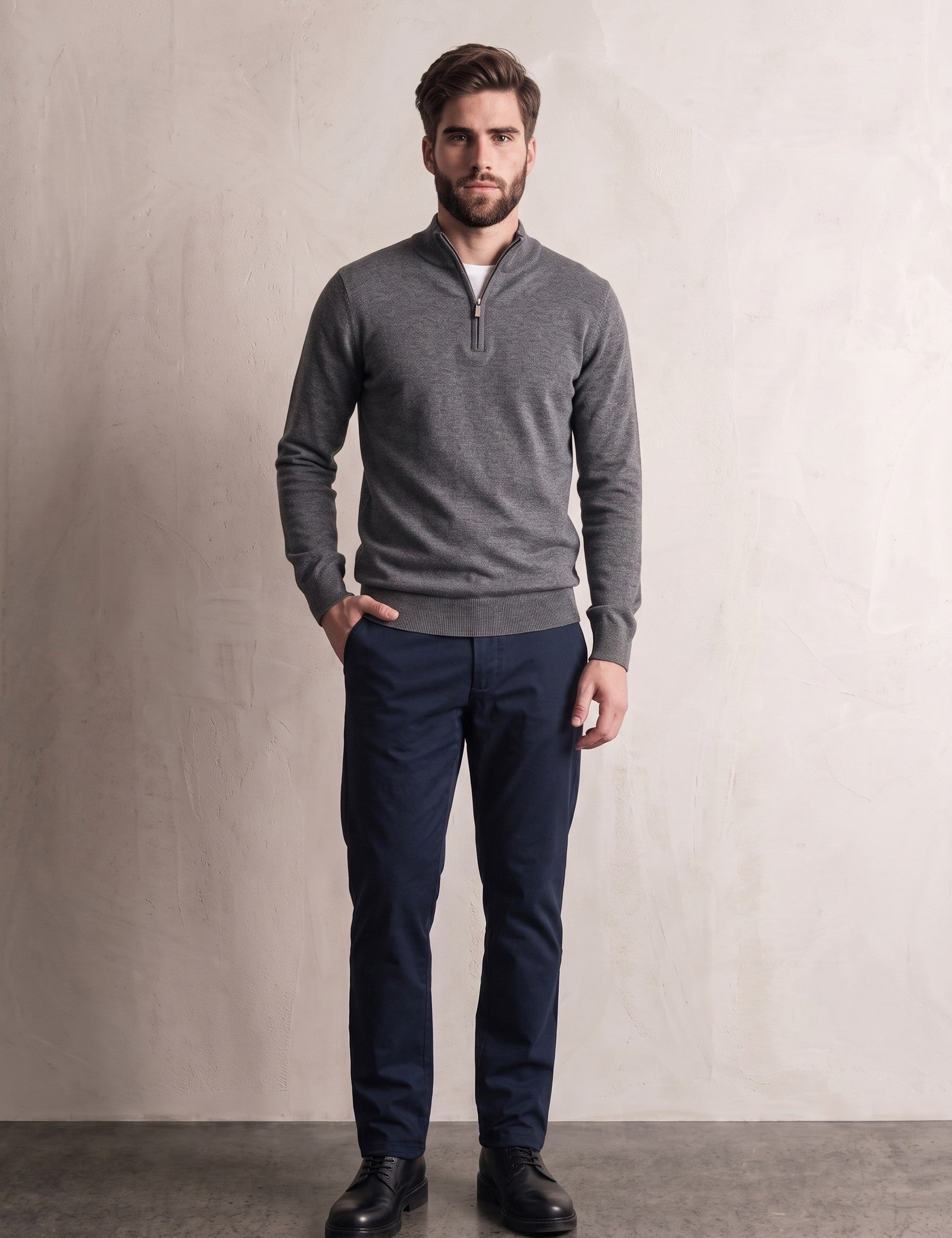 Men's Slim Stretch Quarter Zip Top with Concealed Zip, front view, full length