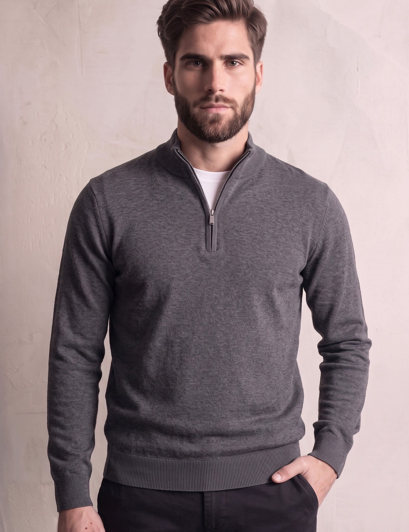 Men's Slim Stretch Quarter Zip Top with Concealed Zip, close-up of the upper body