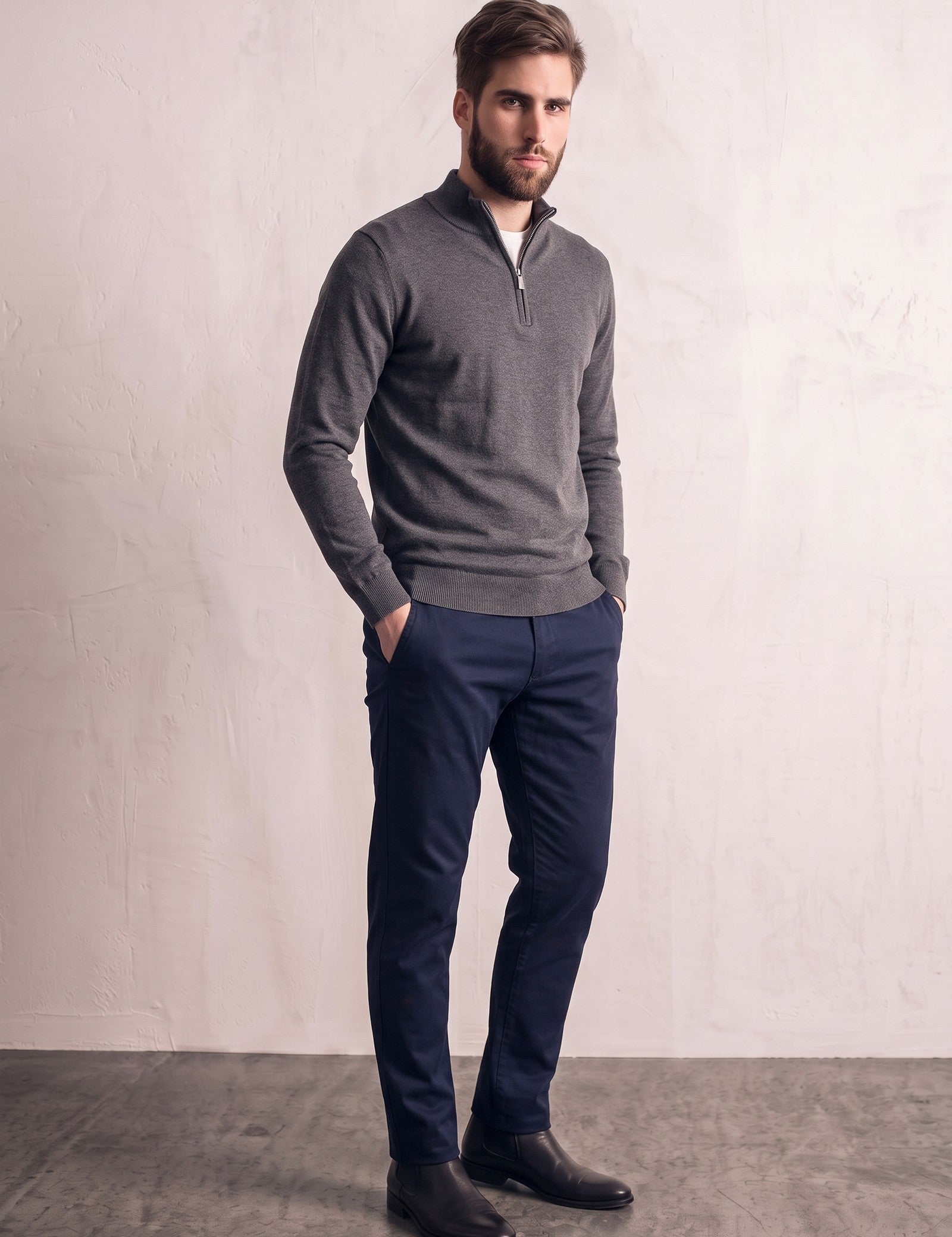 Men's Slim Stretch Quarter Zip Top with Concealed Zip, three-quarter view from the left, full length