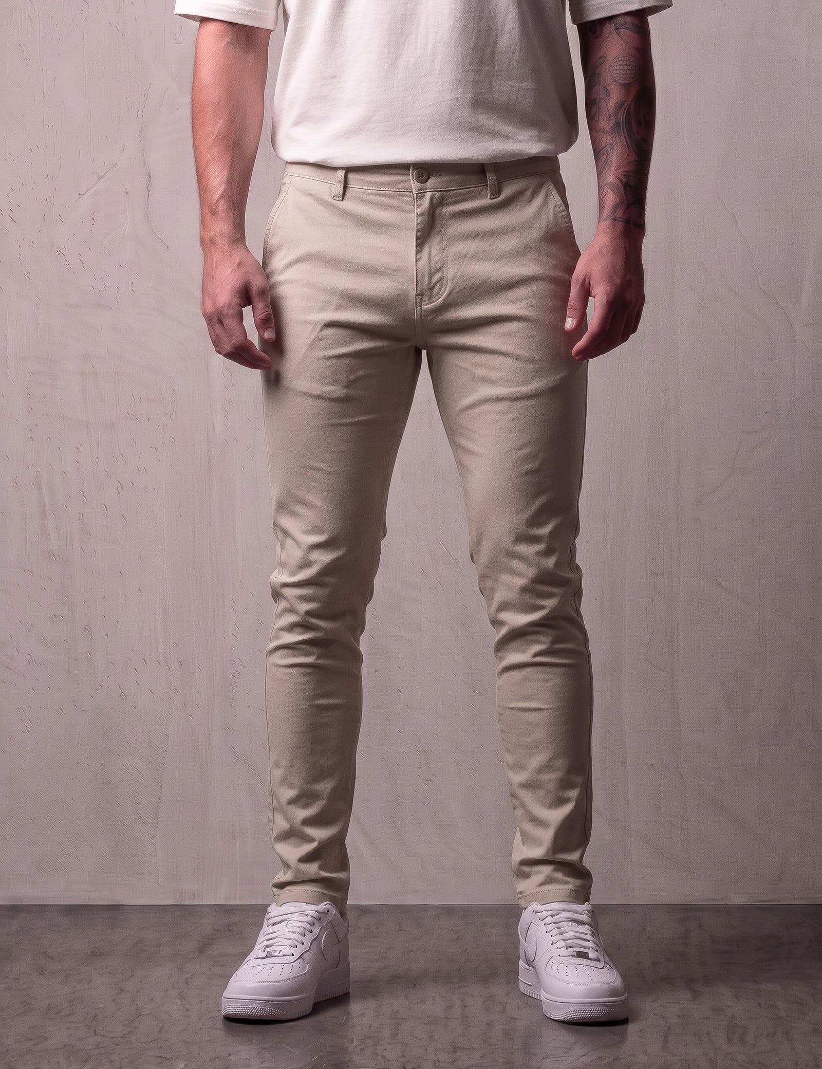 Men's Stone Slim Fit Tapered Chino Trousers, front view from the waist down.