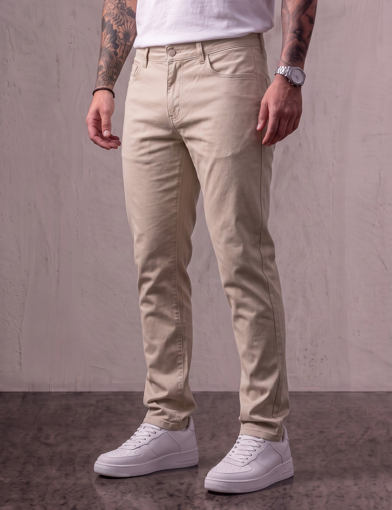 Men's Stone Slim Fit Tapered Chino Trousers, three-quarter view from the waist down.