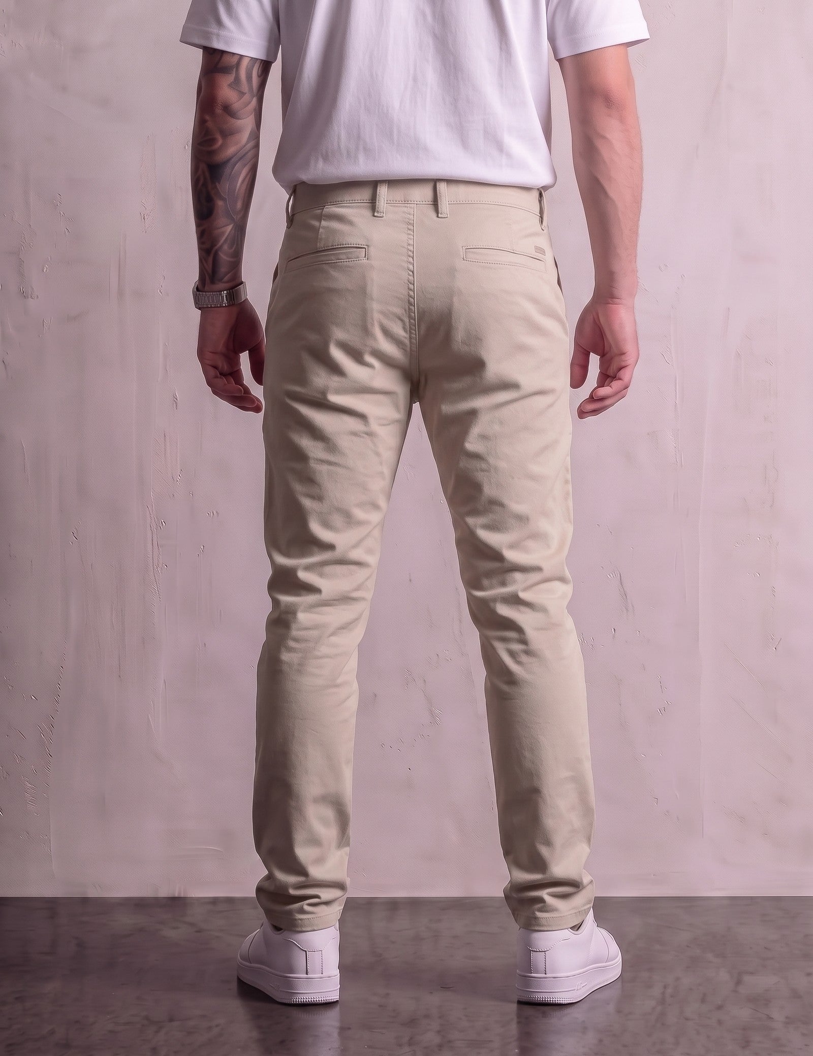 Men's Stone Slim Fit Tapered Chino Trousers, back view from the waist down.