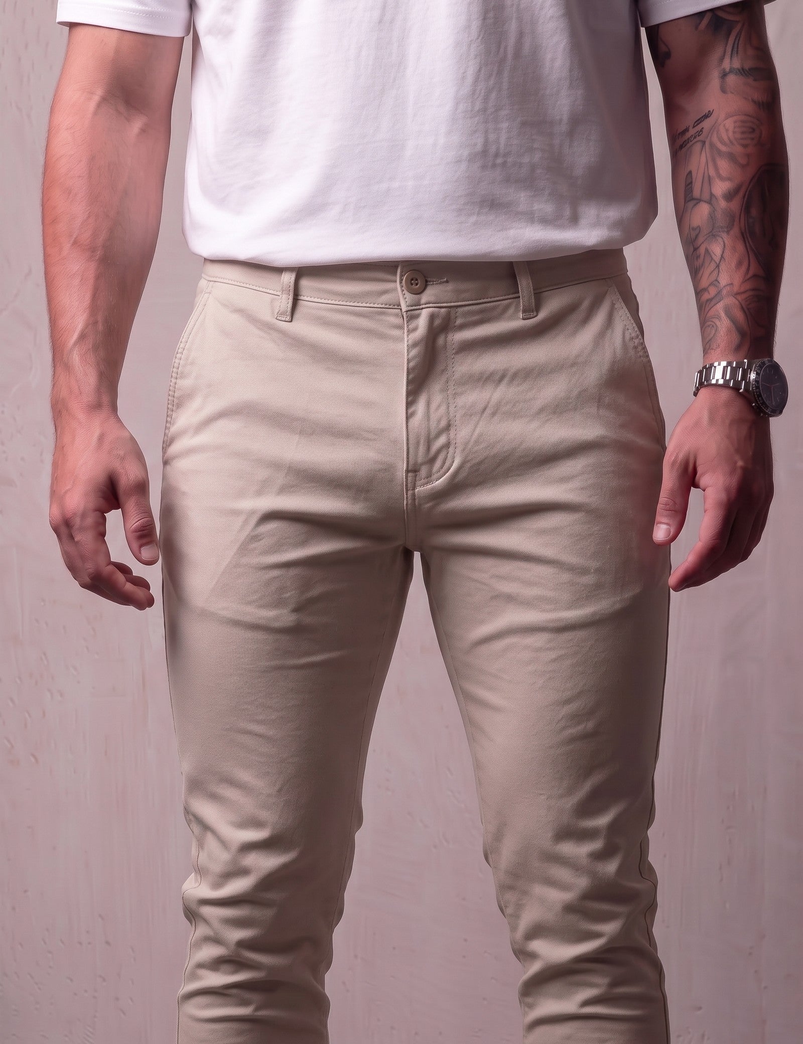 Men's Stone Slim Fit Tapered Chino Trousers, close-up of the waistband and front pocket.