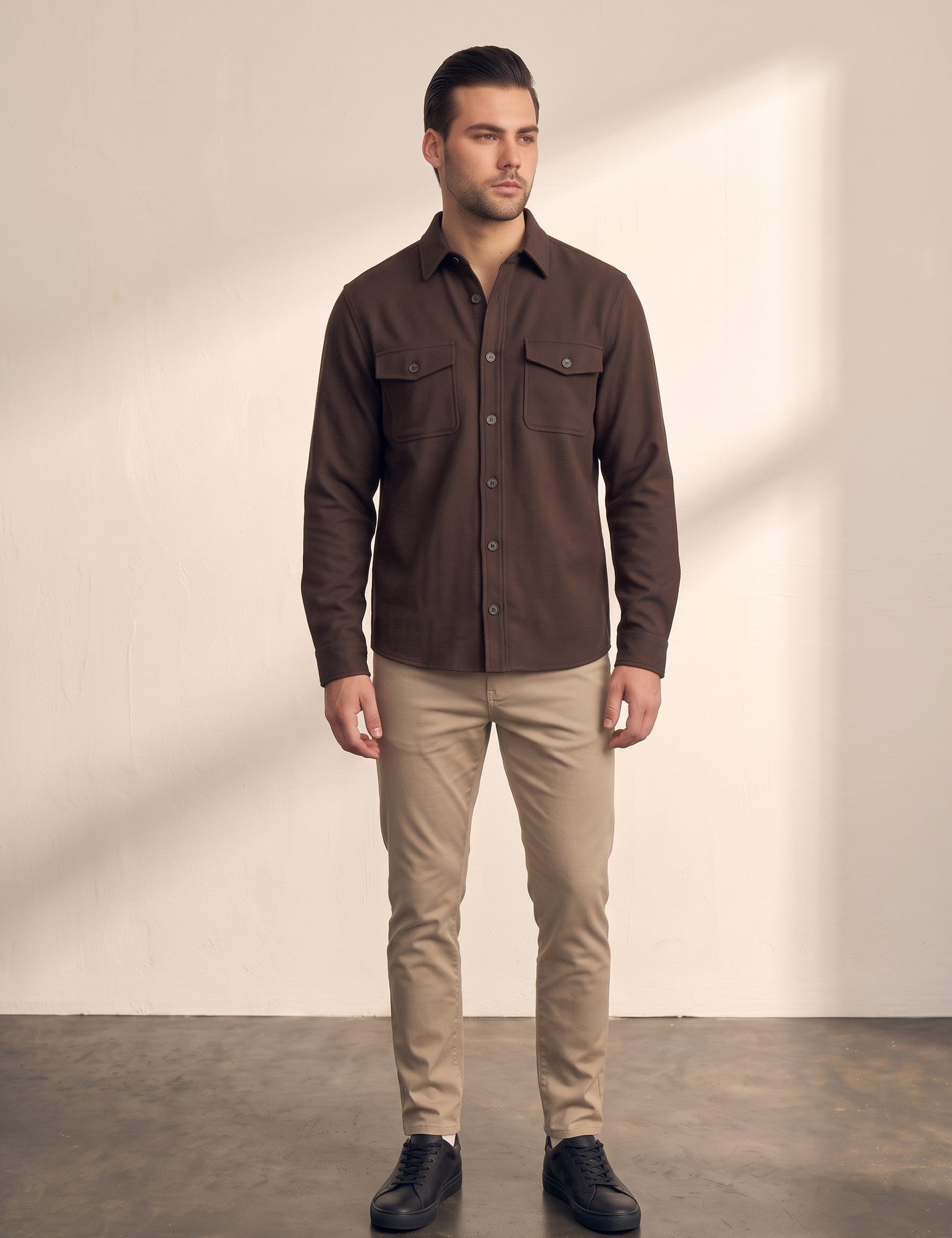 Men's Stretch Twill Overshirt with Chest Pockets, side view, full length