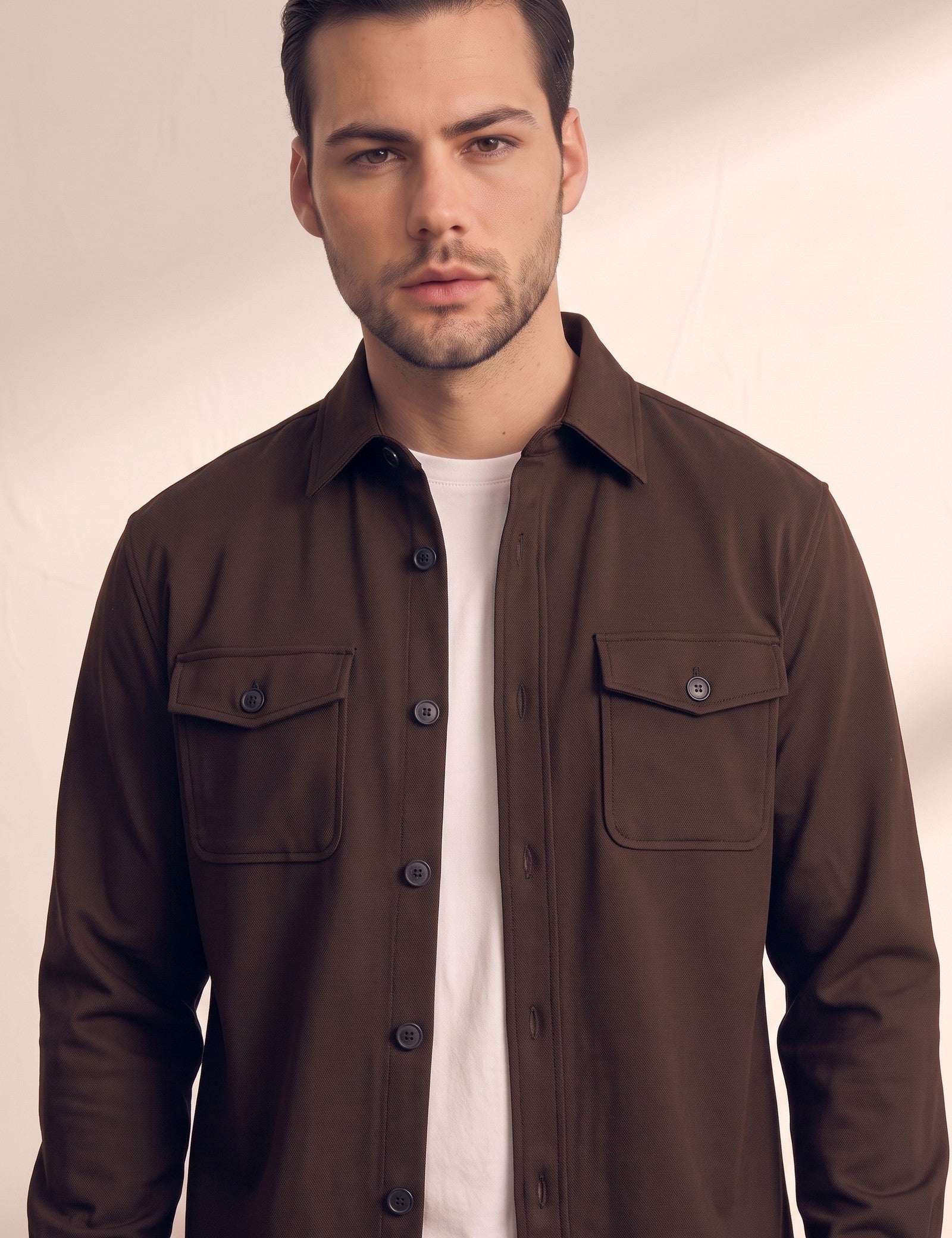 Men's Stretch Twill Overshirt with Chest Pockets, close-up of the upper body