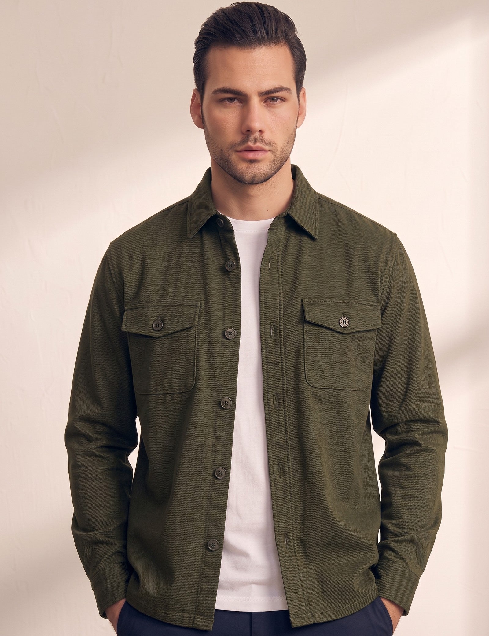 Men's Stretch Twill Overshirt with Chest Pockets, close-up of the upper body