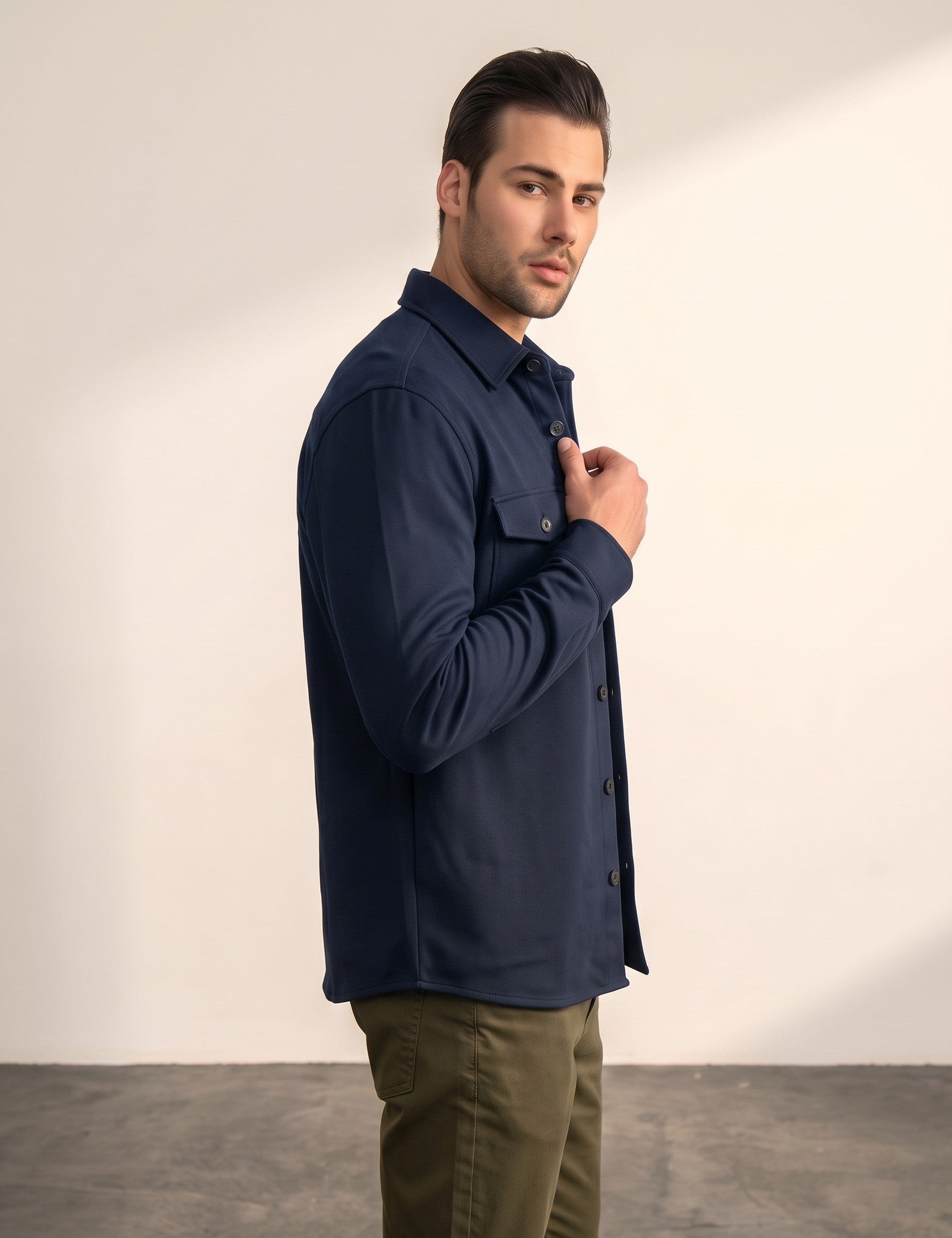 Men's Stretch Twill Overshirt with Chest Pockets, side view, full length