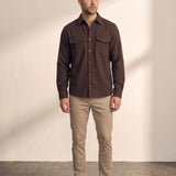 Men's Stretch Twill Overshirt with Chest Pockets in Brown, front view, full length