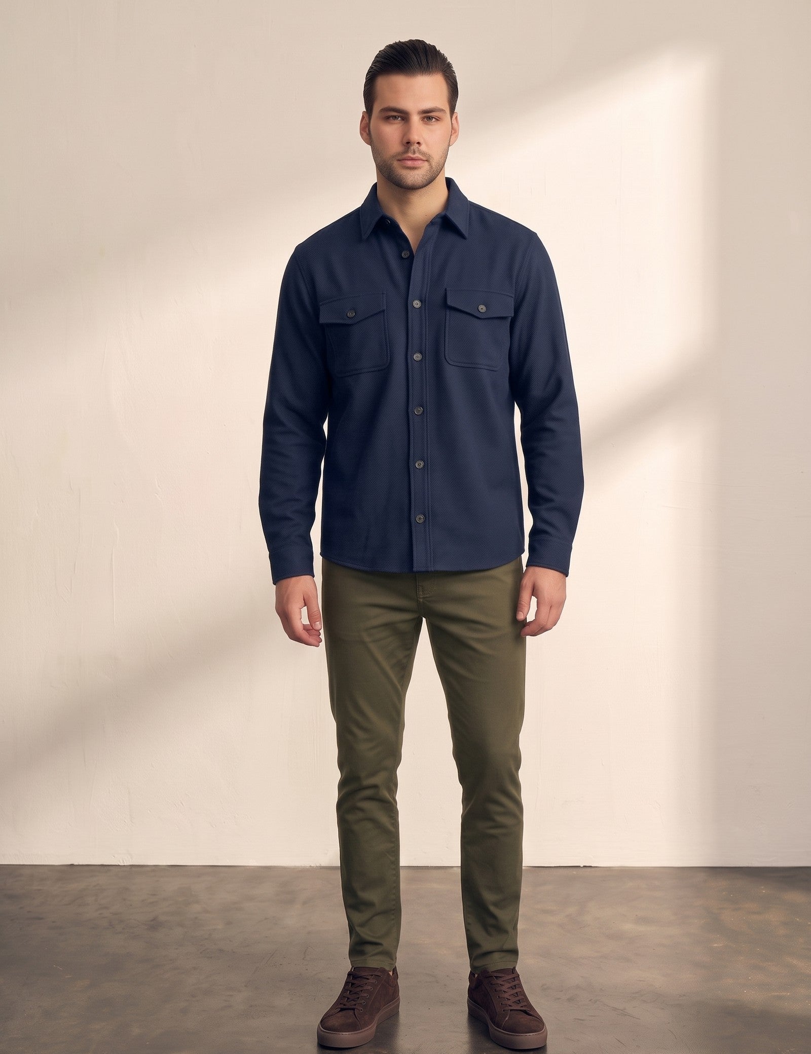 Men's Stretch Twill Overshirt with Chest Pockets in Navy Blue, front view, full length