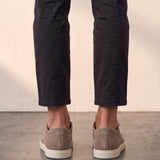 Men's Taupe Lace-Up Loafers with White Sole, back view of the heels, worn.