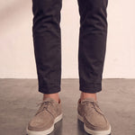 Men's Taupe Lace-Up Loafers with White Sole, front view of the shoes, worn.