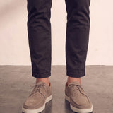 Men's Taupe Lace-Up Loafers with White Sole, front view of the shoes, worn.