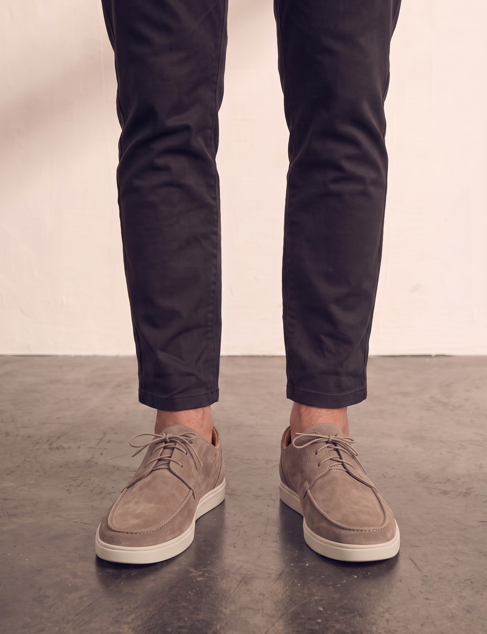 Men's Taupe Lace-Up Loafers with White Sole, front view of the shoes, worn.