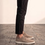 Men's Taupe Lace-Up Loafers with White Sole, side view of the shoe, worn.