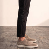 Men's Taupe Lace-Up Loafers with White Sole, side view of the shoe, worn.