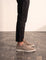 Men's Taupe Lace-Up Loafers with White Sole, side view of the shoe, worn.