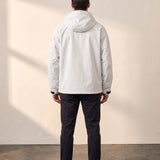 Men's White Hooded Jacket with Zip Pockets, back view, full length.