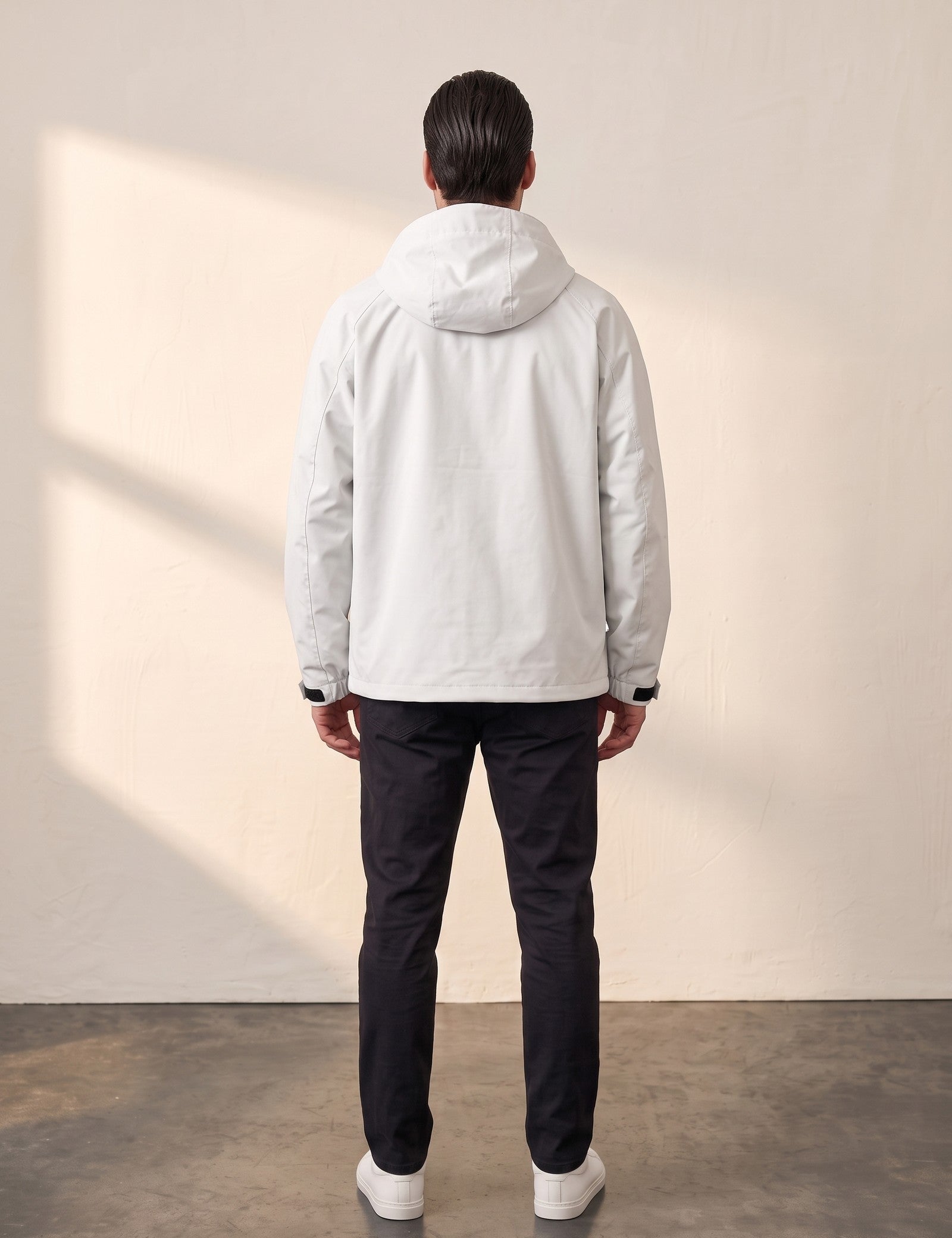 Men's White Hooded Jacket with Zip Pockets, back view, full length.