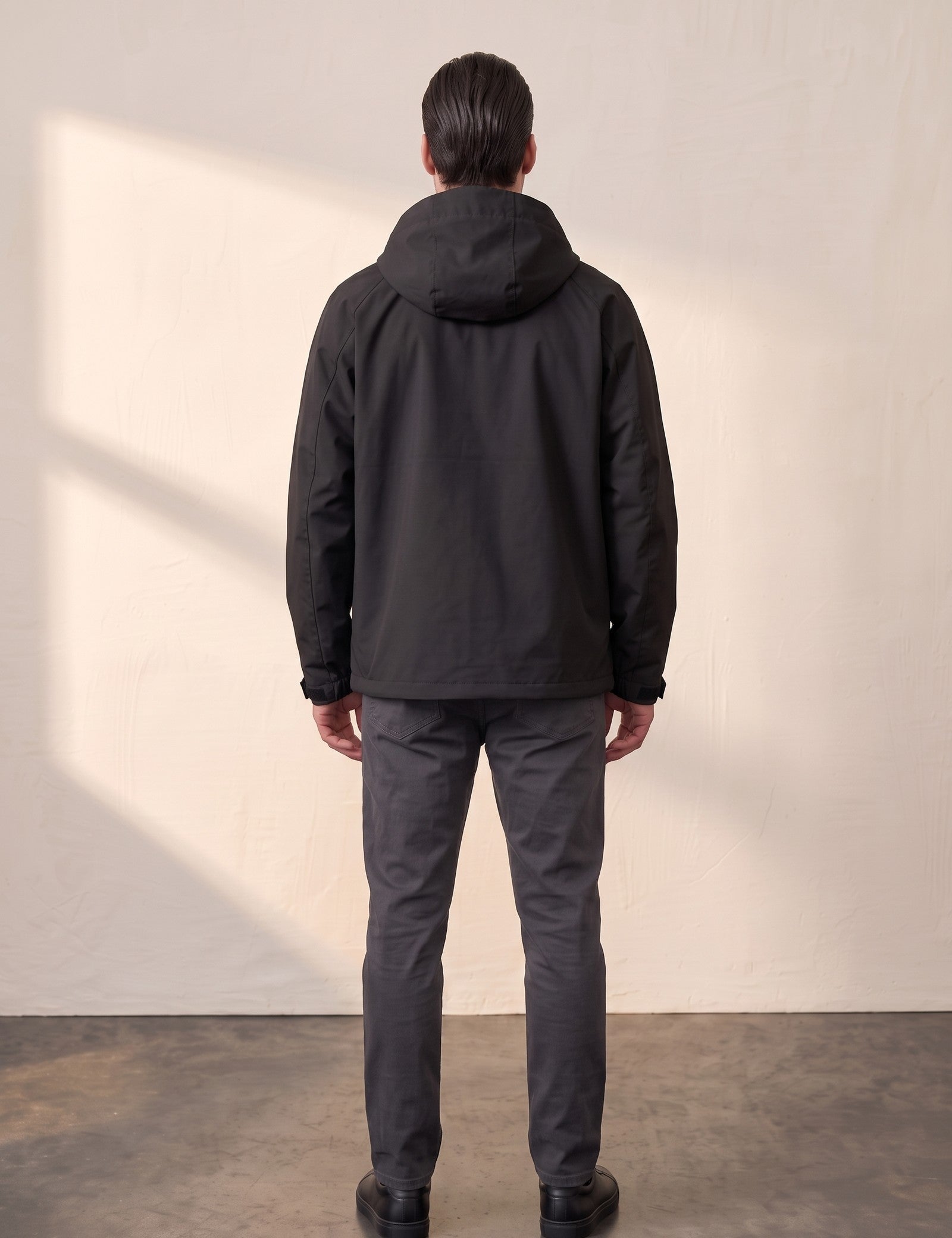 Men's White Hooded Jacket with Zip Pockets - Black, back view, full length.