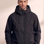Men's White Hooded Jacket with Zip Pockets - Black, close-up of the upper body.