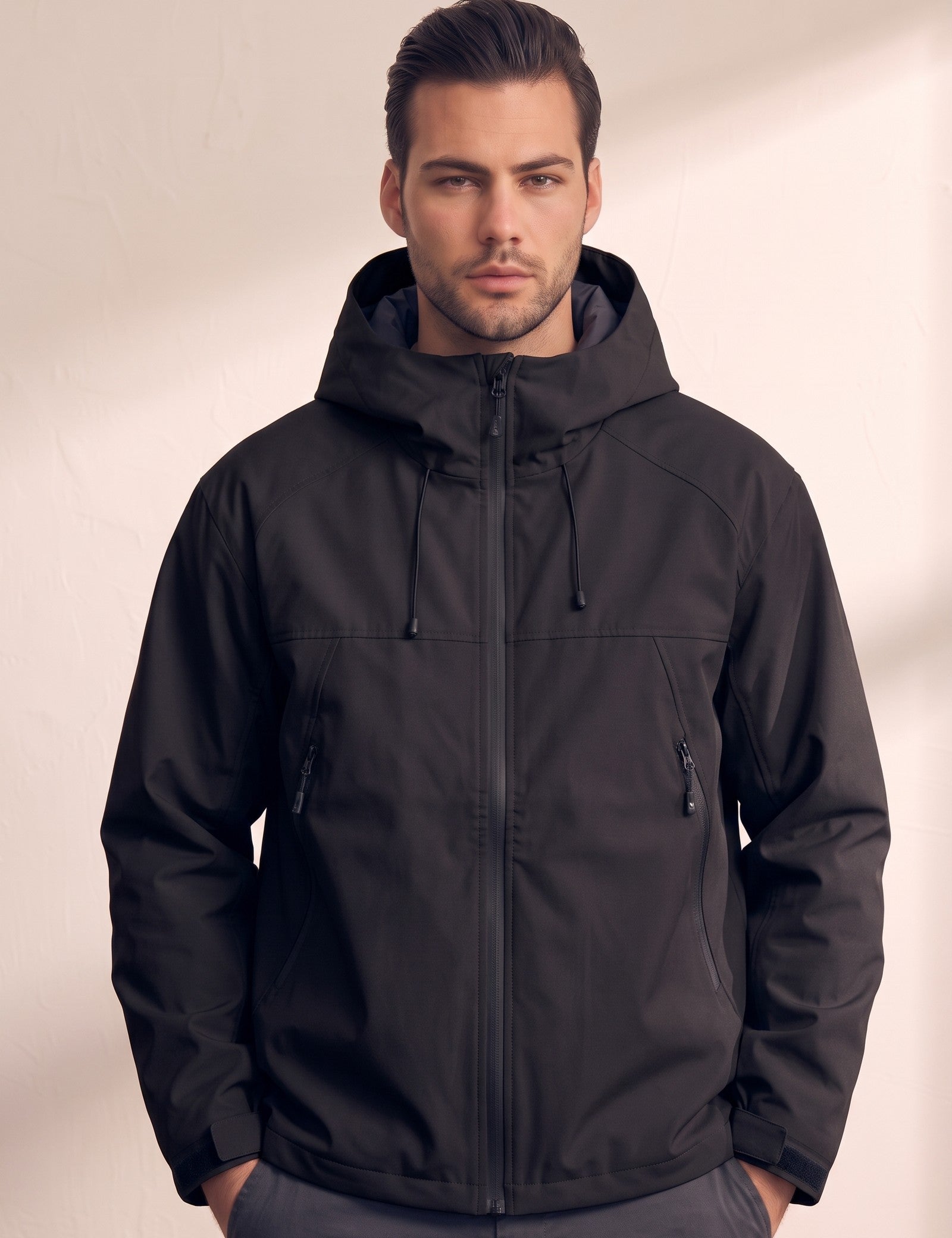 Men's White Hooded Jacket with Zip Pockets - Black, close-up of the upper body.