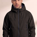 Men's White Hooded Jacket with Zip Pockets - Black, close-up of the upper body.