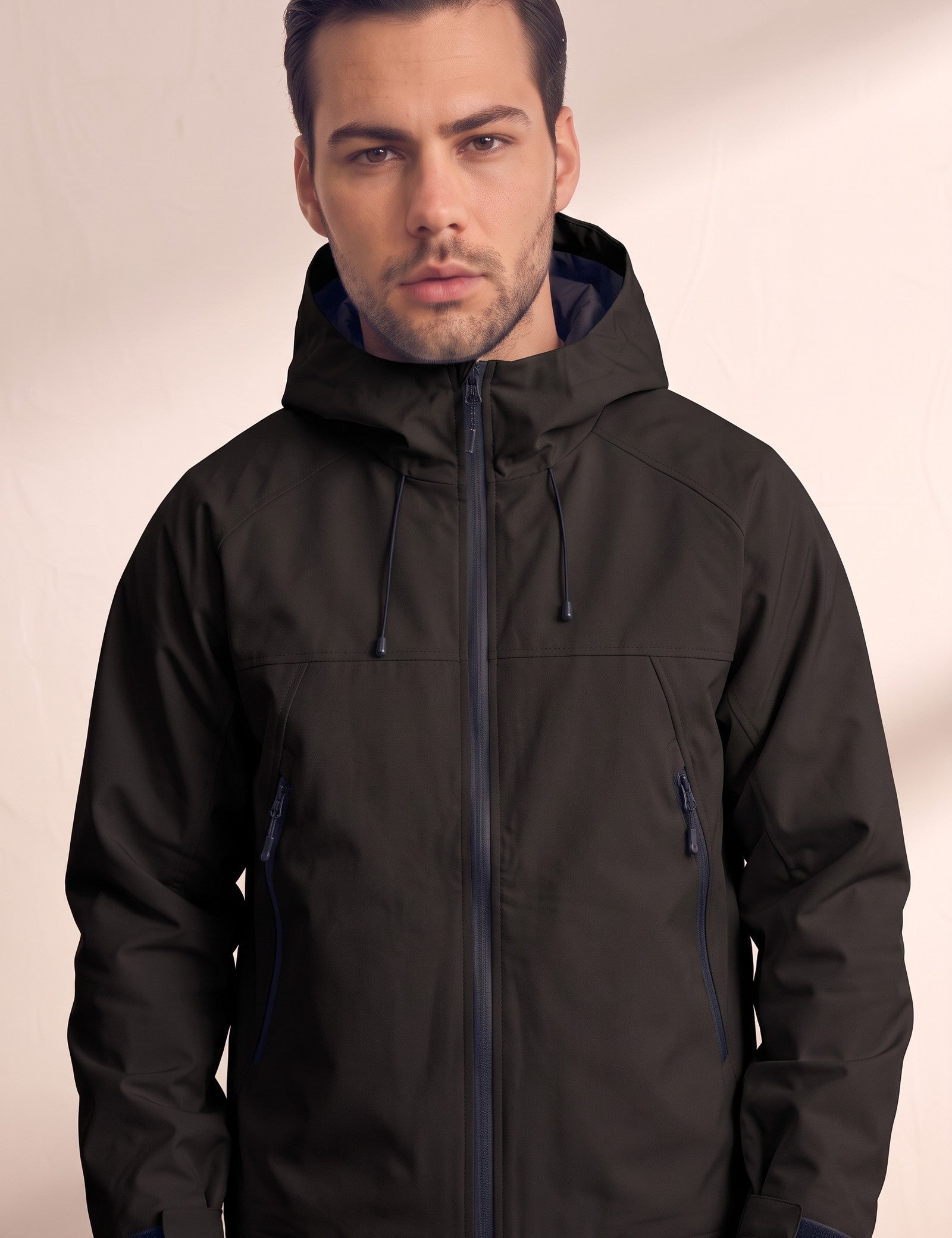 Men's White Hooded Jacket with Zip Pockets - Black, close-up of the upper body.