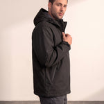 Men's White Hooded Jacket with Zip Pockets - Black, side view, full length.