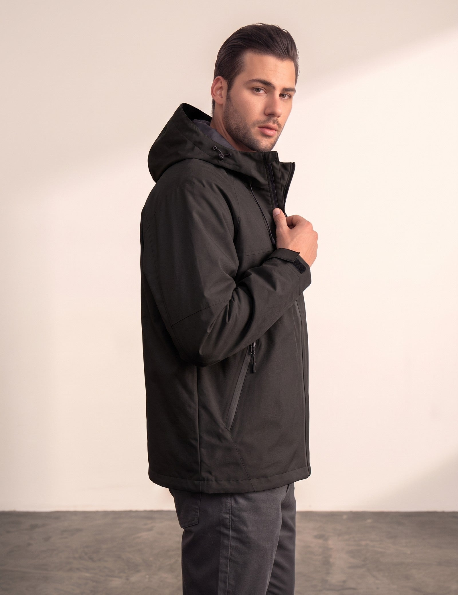 Men's White Hooded Jacket with Zip Pockets - Black, side view, full length.