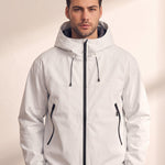 Men's White Hooded Jacket with Zip Pockets, close-up of the upper body.