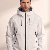 Men's White Hooded Jacket with Zip Pockets, close-up of the upper body.