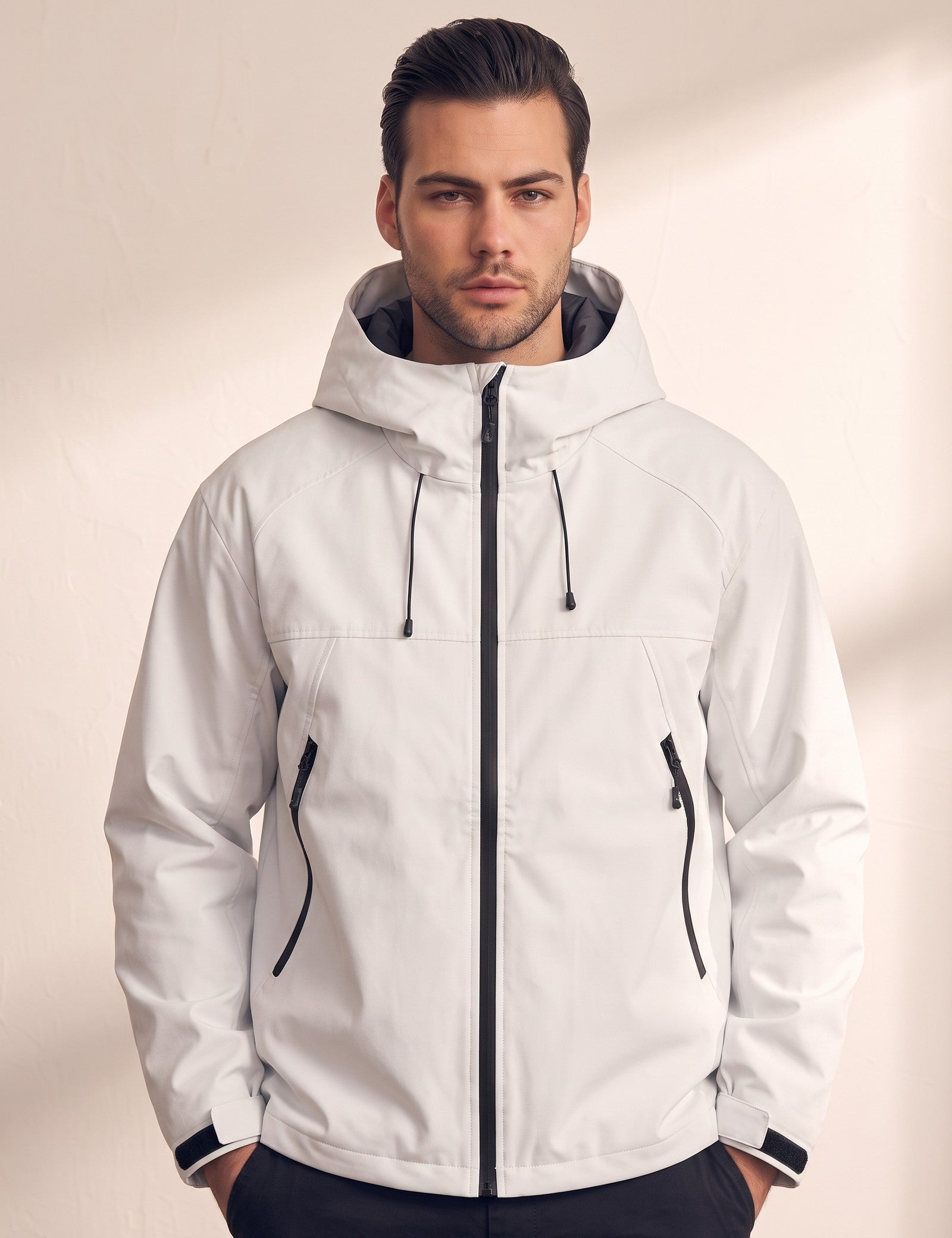 Men's White Hooded Jacket with Zip Pockets, close-up of the upper body.