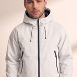 Men's White Hooded Jacket with Zip Pockets, close-up of the upper body.