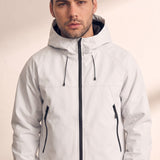 Men's White Hooded Jacket with Zip Pockets, close-up of the upper body.