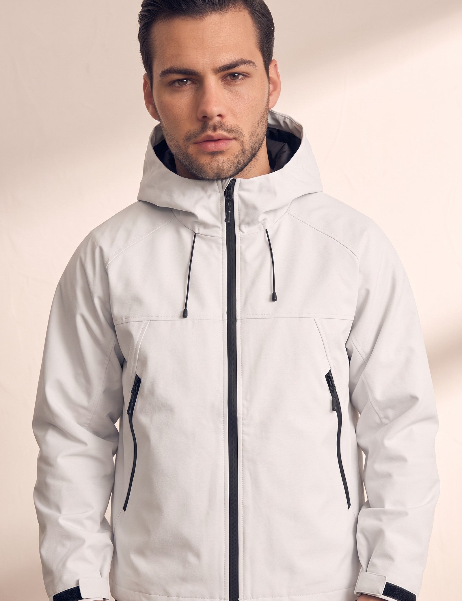 Men's White Hooded Jacket with Zip Pockets, close-up of the upper body.