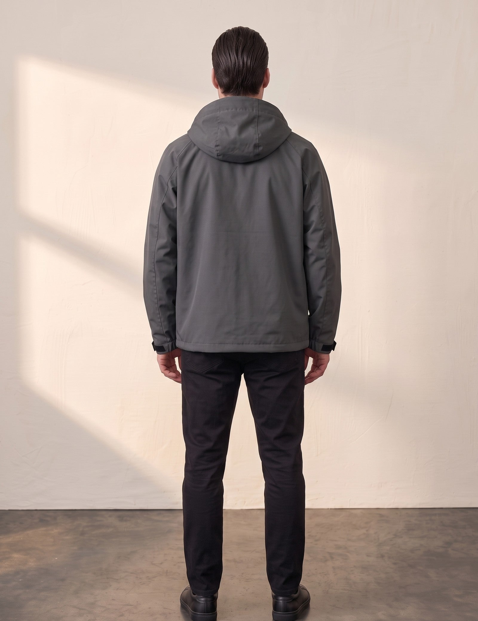 Men's White Hooded Jacket with Zip Pockets - Dark Grey, back view, full length.