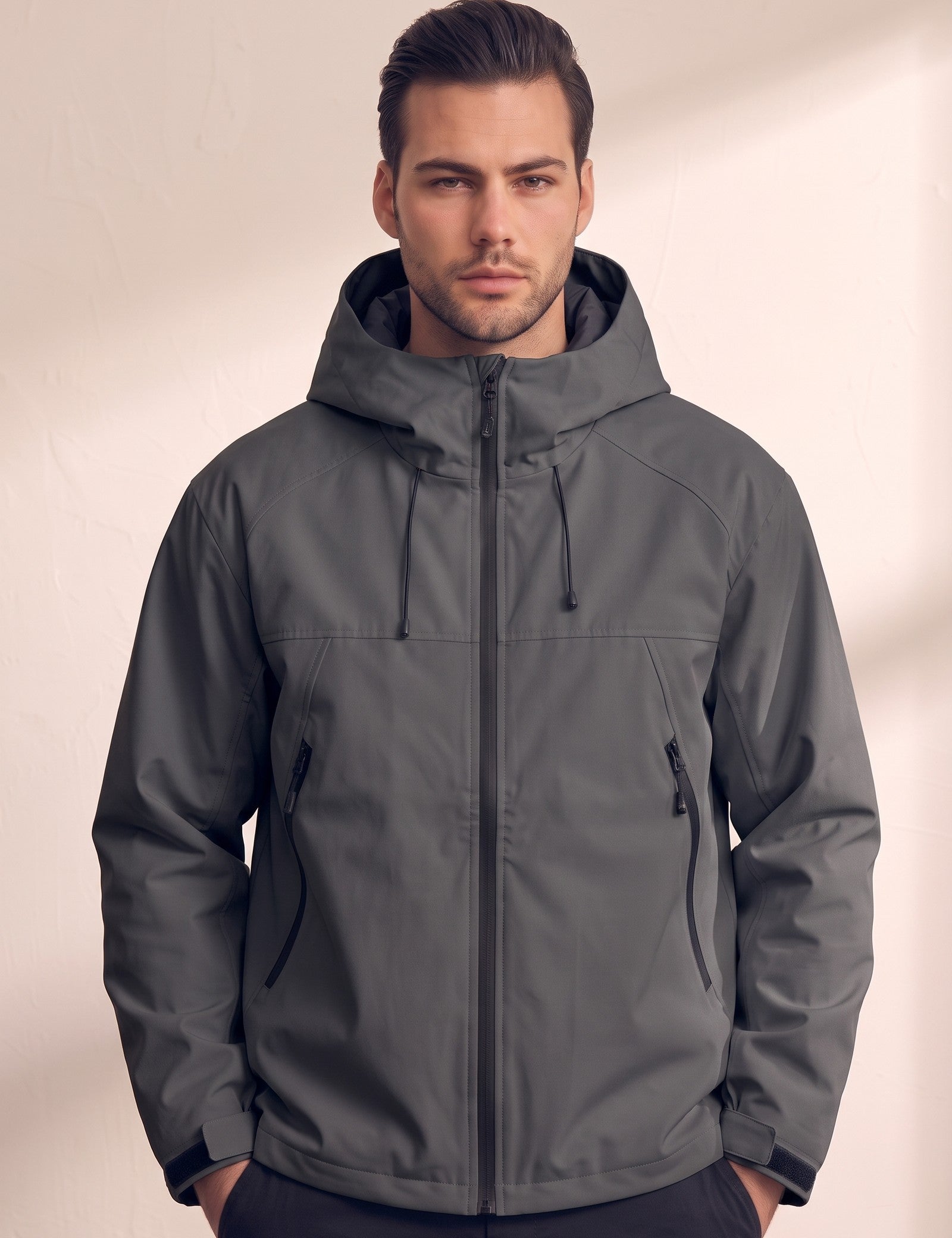 Men's White Hooded Jacket with Zip Pockets - Dark Grey, close-up of the upper body.