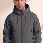 Men's White Hooded Jacket with Zip Pockets - Dark Grey, close-up of the upper body.