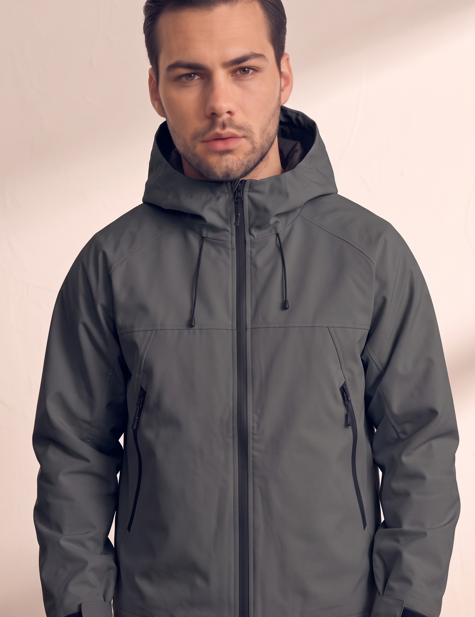 Men's White Hooded Jacket with Zip Pockets - Dark Grey, close-up of the upper body.