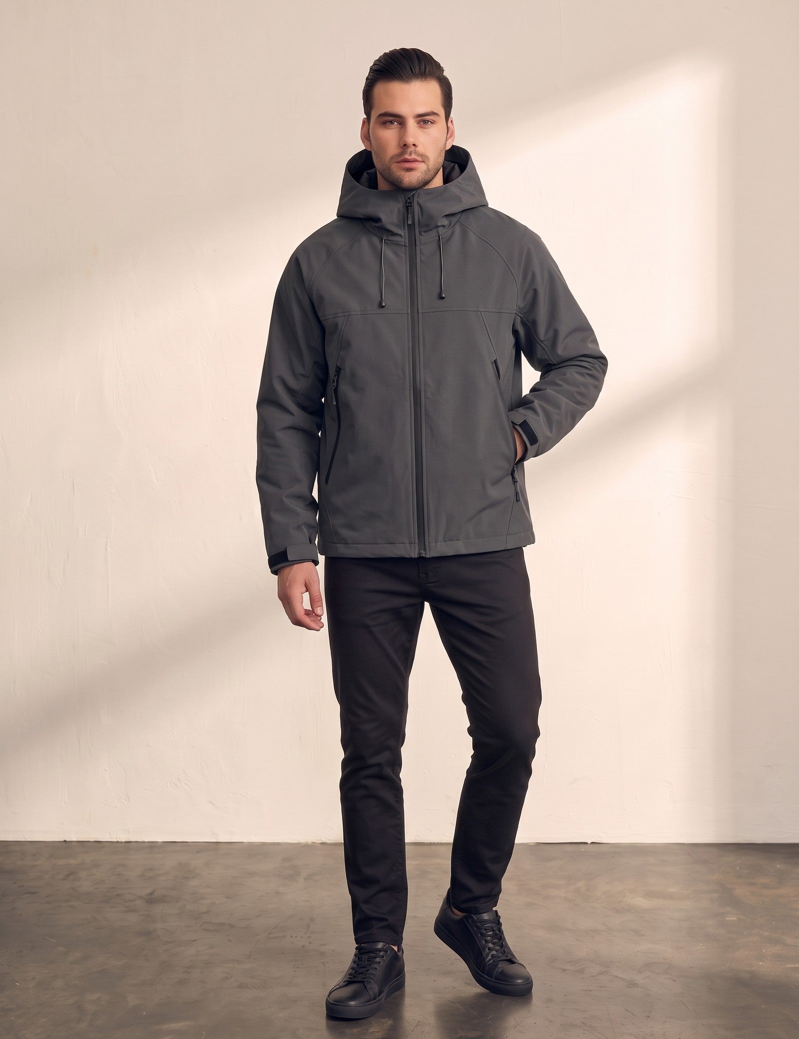 Men's White Hooded Jacket with Zip Pockets - Dark Grey, front view, full length.