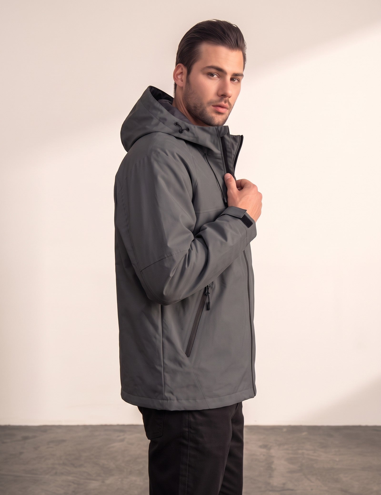 Men's White Hooded Jacket with Zip Pockets - Dark Grey, side view, full length.