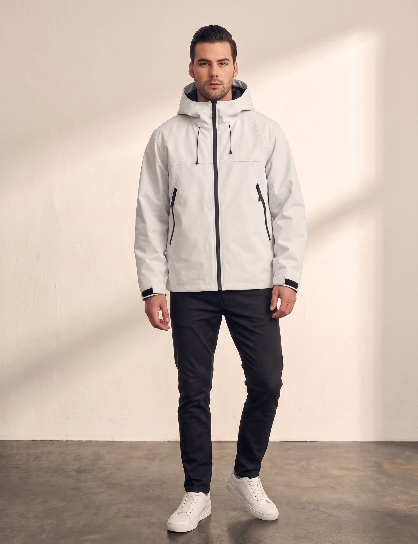 Men's White Hooded Jacket with Zip Pockets, front view, full length.