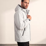 Men's White Hooded Jacket with Zip Pockets, side view, full length.