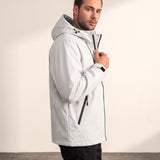 Men's White Hooded Jacket with Zip Pockets, side view, full length.
