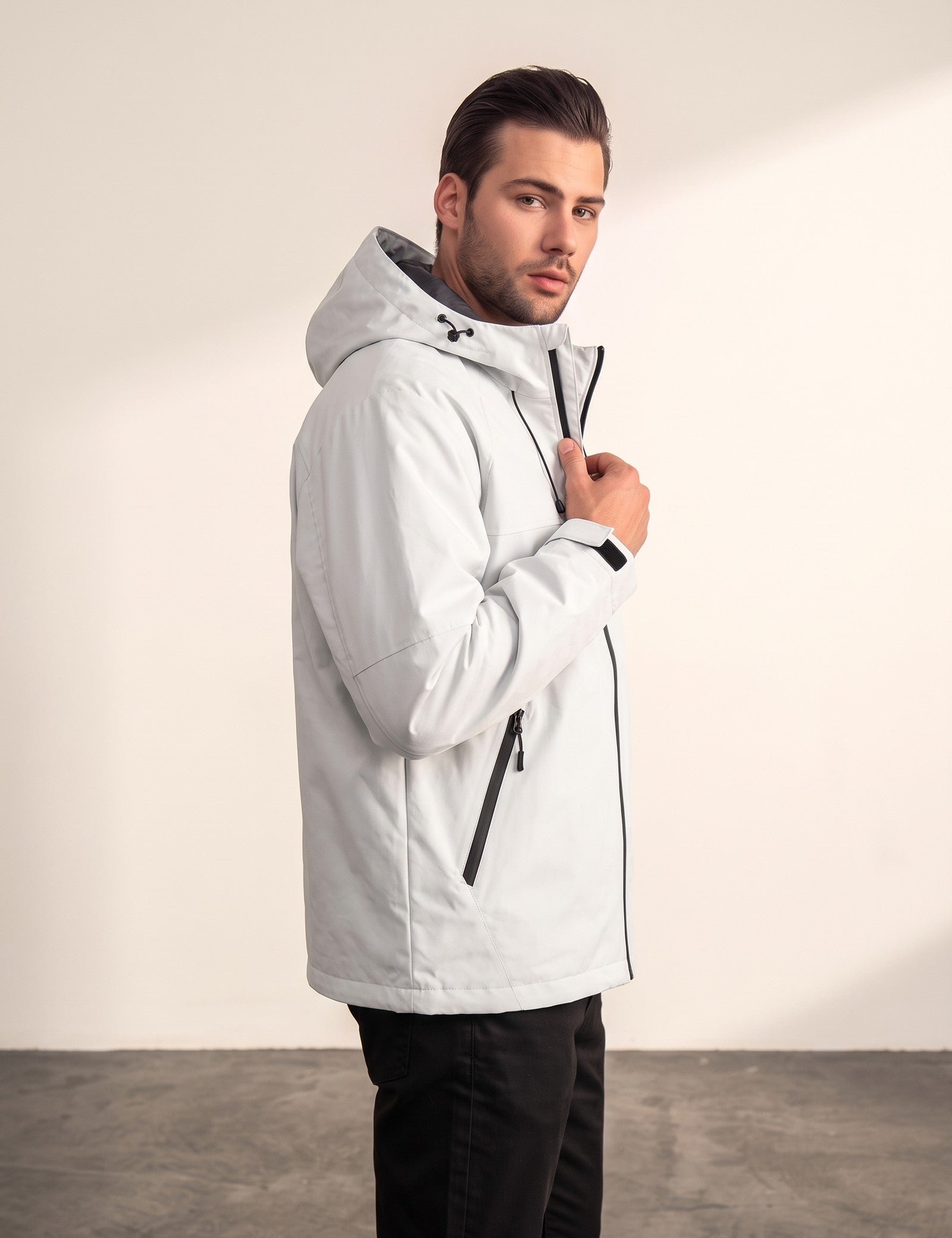 Men's White Hooded Jacket with Zip Pockets, side view, full length.