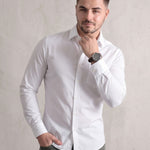 Men's White Tailored Shirt with Spread Collar, close-up of the upper body