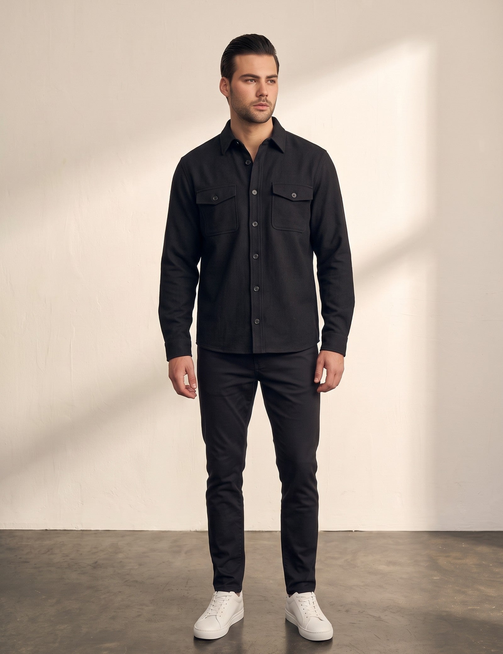 Overshirt in Black, front view, full length