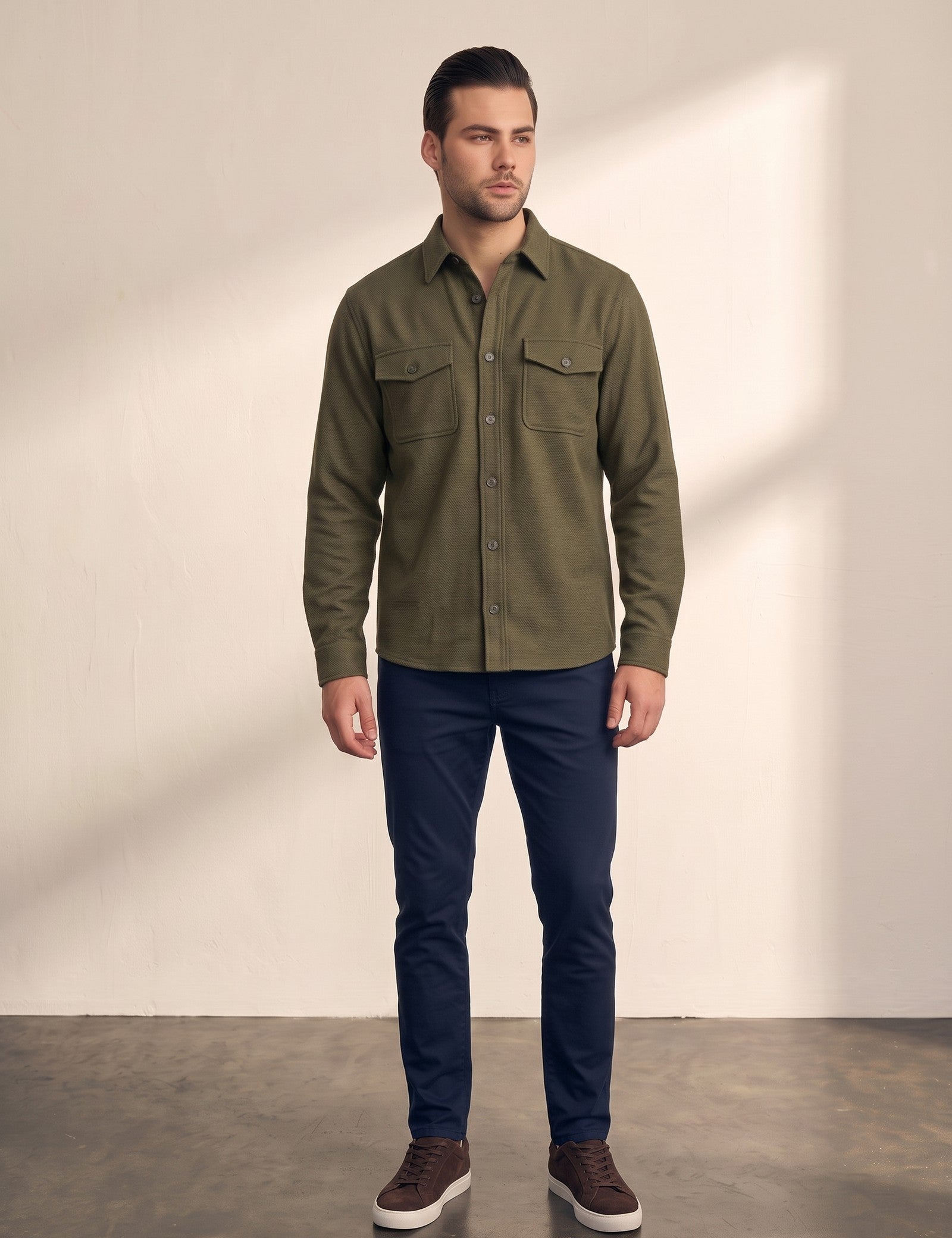 Overshirt in Olive Green, front view, full length