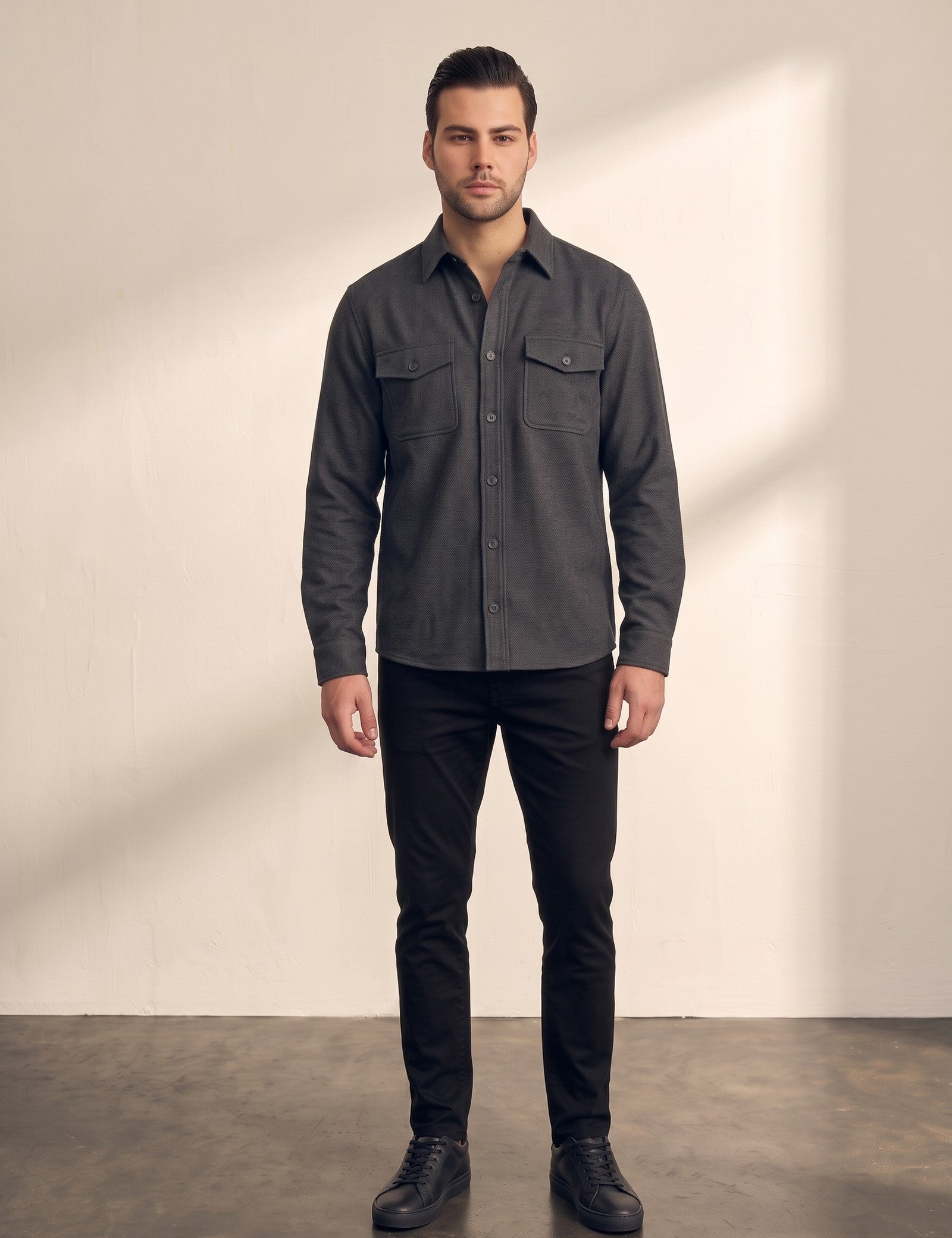 Overshirt in Dark Grey, front view, full length