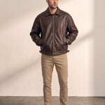 Oversized Bomber Jacket in Brown, front view, full length